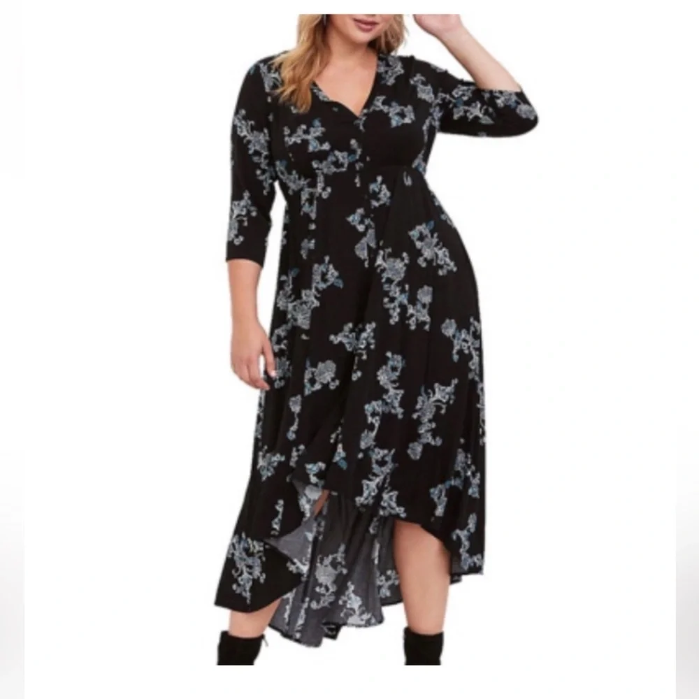 Torrid Black Floral Hi-Lo Challis Dress - Picture 3 of 8
